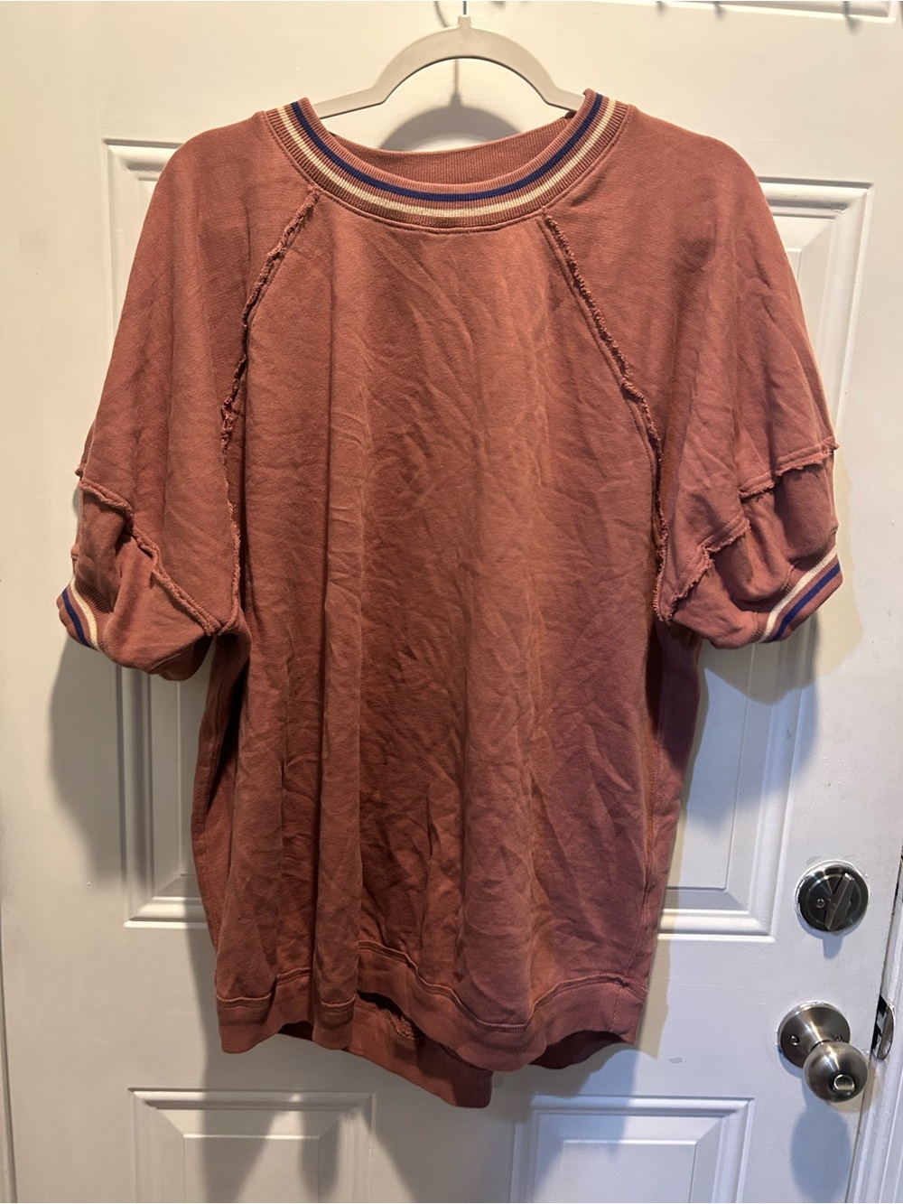 We The Free Short Puff Sleeve Pullover in Dusty Rose with Striped Trim